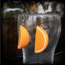 Load image into Gallery viewer, Orange earrings Vegan jewelry Fruit earrings Kitsch earrings Retro earrings Food jewelry Novelty earrings Dangle earrings 3mm tunnel dangles