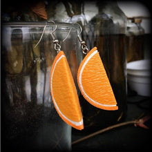 Load image into Gallery viewer, Orange earrings Vegan jewelry Fruit earrings Kitsch earrings Retro earrings Food jewelry Novelty earrings Dangle earrings 3mm tunnel dangles
