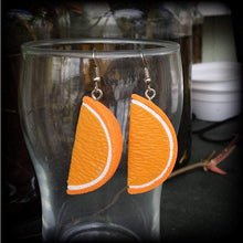 Load image into Gallery viewer, Orange earrings Vegan jewelry Fruit earrings Kitsch earrings Retro earrings Food jewelry Novelty earrings Dangle earrings 3mm tunnel dangles