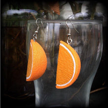Load image into Gallery viewer, Orange earrings Vegan jewelry Fruit earrings Kitsch earrings Retro earrings Food jewelry Novelty earrings Dangle earrings 3mm tunnel dangles