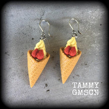 Load image into Gallery viewer, Ice cream earrings, Junk Food jewelry, Dessert earrings, Waffle Cone, Munchies, Candy, Dangle earrings, Plug earrings, Tunnel earrings, 2g