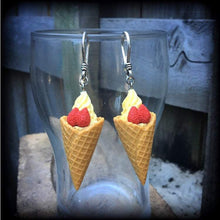 Load image into Gallery viewer, Ice cream earrings, Junk Food jewelry, Dessert earrings, Waffle Cone, Munchies, Candy, Dangle earrings, Plug earrings, Tunnel earrings, 2g