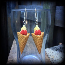 Load image into Gallery viewer, Ice cream earrings, Junk Food jewelry, Dessert earrings, Waffle Cone, Munchies, Candy, Dangle earrings, Plug earrings, Tunnel earrings, 2g