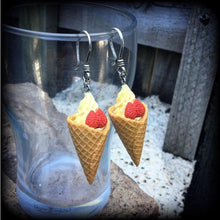 Load image into Gallery viewer, Ice cream earrings, Junk Food jewelry, Dessert earrings, Waffle Cone, Munchies, Candy, Dangle earrings, Plug earrings, Tunnel earrings, 2g
