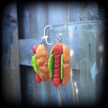 Load image into Gallery viewer, Hot Dog earrings, Novelty earrings, Party earrings, Sausage, BBQ earrings, Food earrings, Kransky, Munchies, Tunnel earrings, Plug earrings