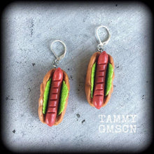 Load image into Gallery viewer, Hot Dog earrings, Novelty earrings, Party earrings, Sausage, BBQ earrings, Food earrings, Kransky, Munchies, Tunnel earrings, Plug earrings