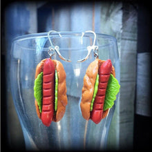 Load image into Gallery viewer, Hot Dog earrings, Novelty earrings, Party earrings, Sausage, BBQ earrings, Food earrings, Kransky, Munchies, Tunnel earrings, Plug earrings