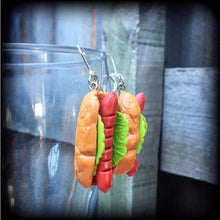 Load image into Gallery viewer, Hot Dog earrings, Novelty earrings, Party earrings, Sausage, BBQ earrings, Food earrings, Kransky, Munchies, Tunnel earrings, Plug earrings