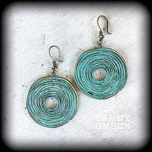 Load image into Gallery viewer, Patina earrings, Bronze earrings, Lovecraft earrings, Vertigo earrings, Boho earrings, Infinity earrings, Tunnel dangles, Plug earrings
