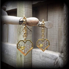 Load image into Gallery viewer, Bee hive ear hangers, 00 gauge ,0 gauge, 6 gauge, 4 gauge, Tunnel dangles, Hexagon, Ear weights, Honeycomb Plug earrings, Hanging gauges,