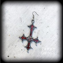 Load image into Gallery viewer, Single earring, Red inverted Cross earring, Satanic jewelry, Evil, Gothic, Esoteric, Occult jewelry, Tunnel earring, Plug dangle, CoS, TOS