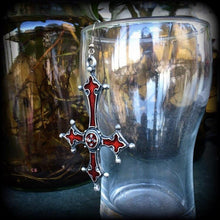 Load image into Gallery viewer, Single earring, Red inverted Cross earring, Satanic jewelry, Evil, Gothic, Esoteric, Occult jewelry, Tunnel earring, Plug dangle, CoS, TOS