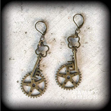 Load image into Gallery viewer, Steampunk earrings, Key, Cog, Industrial earrings, Nautical jewelry, Cosplay, Tunnel dangles, Plug earrings, Plug dangles, For pierced ears