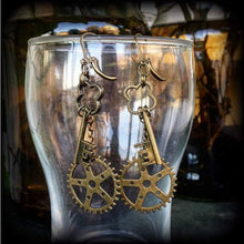 Load image into Gallery viewer, Steampunk earrings, Key, Cog, Industrial earrings, Nautical jewelry, Cosplay, Tunnel dangles, Plug earrings, Plug dangles, For pierced ears