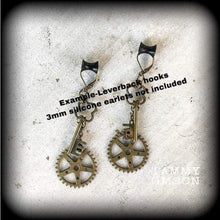 Load image into Gallery viewer, Steampunk earrings, Key, Cog, Industrial earrings, Nautical jewelry, Cosplay, Tunnel dangles, Plug earrings, Plug dangles, For pierced ears