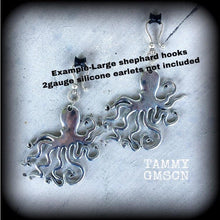 Load image into Gallery viewer, Octopus earrings, Octopus ear weights, Silver octopus, Lovecraft, Big earrings, Nautical earrings, Kraken earrings, Ocean life earrings