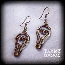Load image into Gallery viewer, Light bulb earrings Electricity earrings Light globe Edison earrings Nerd earrings Science earrings 3mm Tunnel dangles 8mm Plug earrings 0g