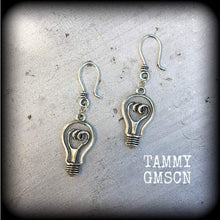 Load image into Gallery viewer, Light bulb earrings, Electricity earrings, Edison, Tesla earrings, Science jewellery, Tunnel earrings, Plug earrings, Nerd earrings