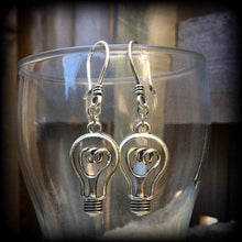Load image into Gallery viewer, Light bulb earrings, Electricity earrings, Edison, Tesla earrings, Science jewellery, Tunnel earrings, Plug earrings, Nerd earrings