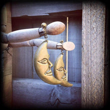 Load image into Gallery viewer, Crescent Moon earrings Bronze moon earrings Pagan jewelry Witchy jewelry Coven jewelry Tunnel earrings Plug dangles Tunnel dangles Gauges