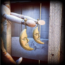 Load image into Gallery viewer, Crescent Moon earrings Bronze moon earrings Pagan jewelry Witchy jewelry Coven jewelry Tunnel earrings Plug dangles Tunnel dangles Gauges