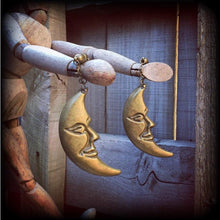 Load image into Gallery viewer, Crescent Moon earrings Bronze moon earrings Pagan jewelry Witchy jewelry Coven jewelry Tunnel earrings Plug dangles Tunnel dangles Gauges