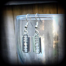 Load image into Gallery viewer, Razor blade earrings Weapons jewelry Punk Skinhead Tunnel earrings Plug dangles Punk jewelry Riot Grrl jewelry Gauges Feminism Feminist 2g