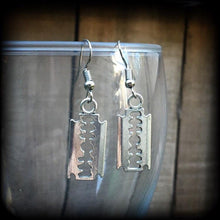 Load image into Gallery viewer, Razor blade earrings Weapons jewelry Punk Skinhead Tunnel earrings Plug dangles Punk jewelry Riot Grrl jewelry Gauges Feminism Feminist 2g