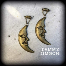 Load image into Gallery viewer, Crescent Moon earrings Bronze moon earrings Pagan jewelry Witchy jewelry Coven jewelry Tunnel earrings Plug dangles Tunnel dangles Gauges