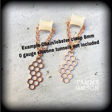 Load image into Gallery viewer, 8mm ear weights 00 gauge 0 gauge Honeycomb ear hangers Bee hive Hexagon Geometric weights Plug dangles Gauged earrings Hanging gauges 2g 4g