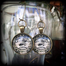 Load image into Gallery viewer, Ouija earrings Occult earrings Sigil earrings Esoteric earrings Clairvoyant jewelry Witchy earrings Chiromancy Tunnel dangles Plug gauges 2g