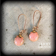 Load image into Gallery viewer, Shell earrings, Nautical earrings, Pink shell, Gifts for girls, Beach earrings, Earrings for pierced ears, Plug earrings, Tunnel dangles