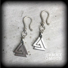 Load image into Gallery viewer, 6mm tunnel dangles, Norse ear weights, Valknut ear hangers, Norse jewelry, Tunnel dangles, Earrings for stretched ears, Plug dangles, Gauges