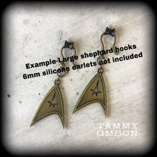 Load image into Gallery viewer, 2 gauge ear weights Bronze tunnel dangles Star Trek ear hangers Tunnel earrings Hanging gauges Plug dangles Earrings for stretched lobes