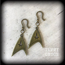 Load image into Gallery viewer, 2 gauge ear weights Bronze tunnel dangles Star Trek ear hangers Tunnel earrings Hanging gauges Plug dangles Earrings for stretched lobes