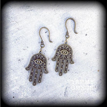 Load image into Gallery viewer, Evil Eye ear hangers, Hamsa hand earrings, Hand of Fatima earrings, Hamesh Hand earrings, Dangle earrings, Plug dangles, Tunnel dangles, 4mm