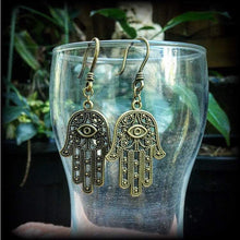 Load image into Gallery viewer, Evil Eye ear hangers, Hamsa hand earrings, Hand of Fatima earrings, Hamesh Hand earrings, Dangle earrings, Plug dangles, Tunnel dangles, 4mm