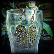 Load image into Gallery viewer, Evil Eye ear hangers, Hamsa hand earrings, Hand of Fatima earrings, Hamesh Hand earrings, Dangle earrings, Plug dangles, Tunnel dangles, 4mm