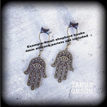 Load image into Gallery viewer, Evil Eye ear hangers, Hamsa hand earrings, Hand of Fatima earrings, Hamesh Hand earrings, Dangle earrings, Plug dangles, Tunnel dangles, 4mm