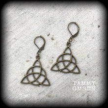 Load image into Gallery viewer, Charmed earrings, Triquetra earrings, Trinity Knot earrings, Celtic earrings, Pagan earrings, Irish earrings, Pierced ears, Stretched ears