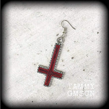 Load image into Gallery viewer, Single earring, Red inverted Cross earring, Satanic jewelry, Evil, Gothic, Esoteric, Occult jewelry, Tunnel earring, Plug dangle, CoS, TOS