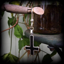 Load image into Gallery viewer, Single earring, Black inverted Cross earring, Satanic jewelry, Evil, Gothic, Esoteric, Occult jewelry, Tunnel earring, Plug dangle, CoS, TOS