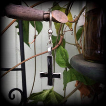 Load image into Gallery viewer, Single earring, Black inverted Cross earring, Satanic jewelry, Evil, Gothic, Esoteric, Occult jewelry, Tunnel earring, Plug dangle, CoS, TOS