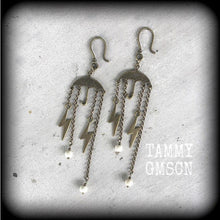 Load image into Gallery viewer, Umbrella earrings, Lightning Bolt earrings, Rainy Day earrings, Rain drop jewelry, Tunnel earrings, Plug dangles, Plug earrings, Kitsch
