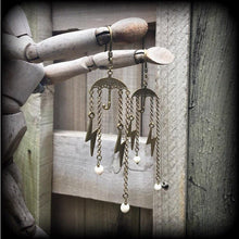 Load image into Gallery viewer, Umbrella earrings, Lightning Bolt earrings, Rainy Day earrings, Rain drop jewelry, Tunnel earrings, Plug dangles, Plug earrings, Kitsch