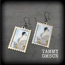 Load image into Gallery viewer, Geisha earrings, Japanese earrings, Kawaii earrings, Oshiroi earrings, Maiko, Geigi, Tunnel dangles, Plug earrings, For pierced ears