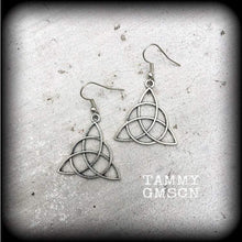 Load image into Gallery viewer, Charmed earrings, Triquetra earrings, Trinity Knot earrings, Pagan earrings, Celtic earrings, Irish earrings, Plug earrings, Tunnel earrings