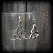 Load image into Gallery viewer, Charmed earrings, Triquetra earrings, Trinity Knot earrings, Pagan earrings, Celtic earrings, Irish earrings, Plug earrings, Tunnel earrings