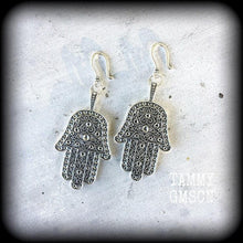 Load image into Gallery viewer, Hand of Fatima earrings Hamsa hand earrings Large earrings Ear hangers Ear weights Hamesh Hand earrings Dangle earrings 3mm tunnel dangle