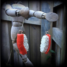Load image into Gallery viewer, Sushi earrings, Niguiri Maguro, Salmon sashimi, Japanese earrings, Food earrings, Fish earrings for pierced ears or stretched lobes, Gauges